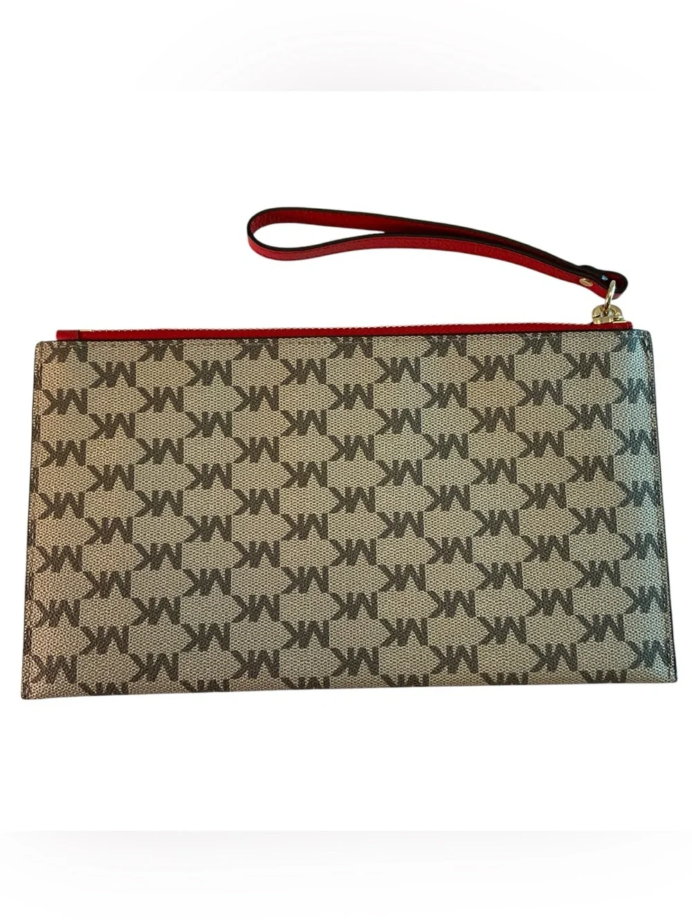Michael Kors Large Zip Clutch Wristlet Jet Set MK Logo Natural/Acorn Beige/Red